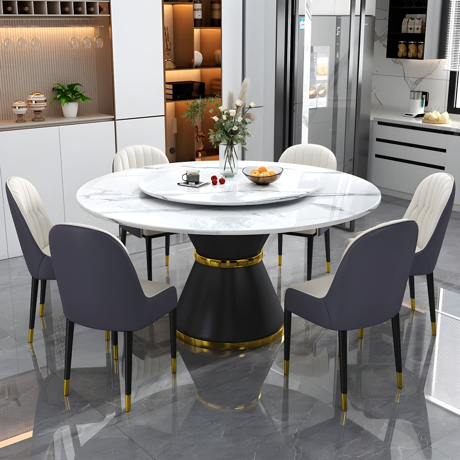 Stone Modern Round Dining Table with Black Steel Pedestal Base and Lazy Susan - image 5