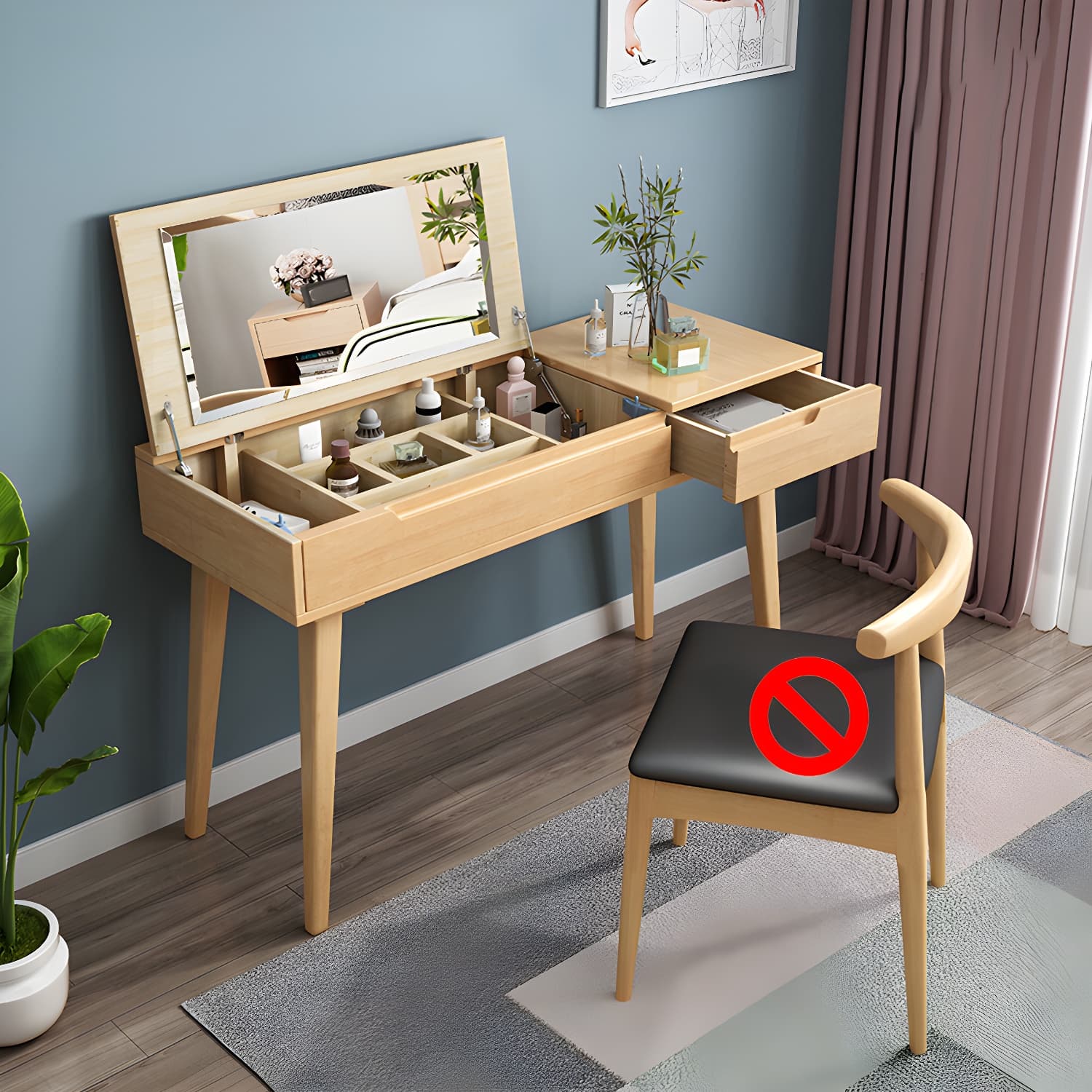 Scandinavian Solid Wood Vanity Makeup Table Set 1 Drawer Flip-Top Dressing Table - image 13