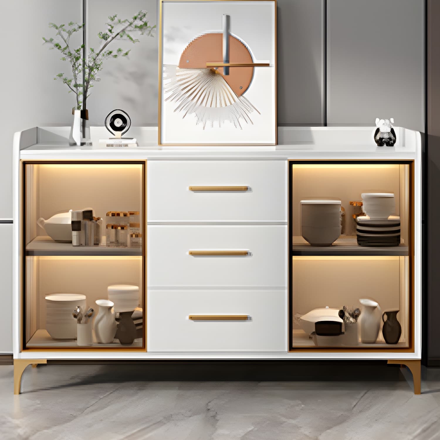 Glamorous Wood Buffet Sideboard with Glass Doors and Open Storage - image 8