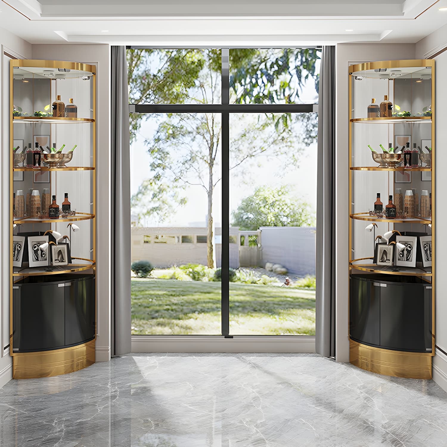 Glam Metal Corner Glass Paned Knobs Accent Cabinet with Shelves - image 12