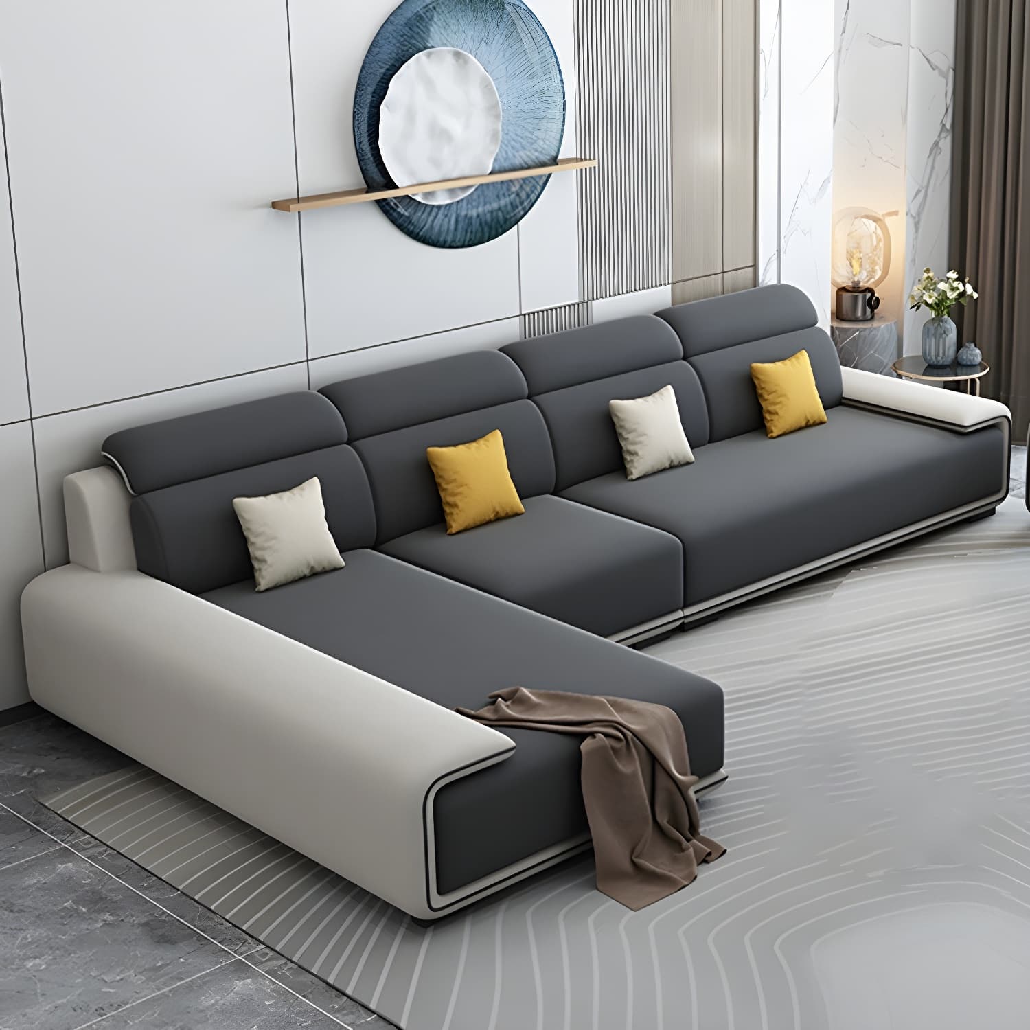 Modern L-Shape Sofa Chaise Sectional Set in Tech Cloth Features Storage and Seat for 4