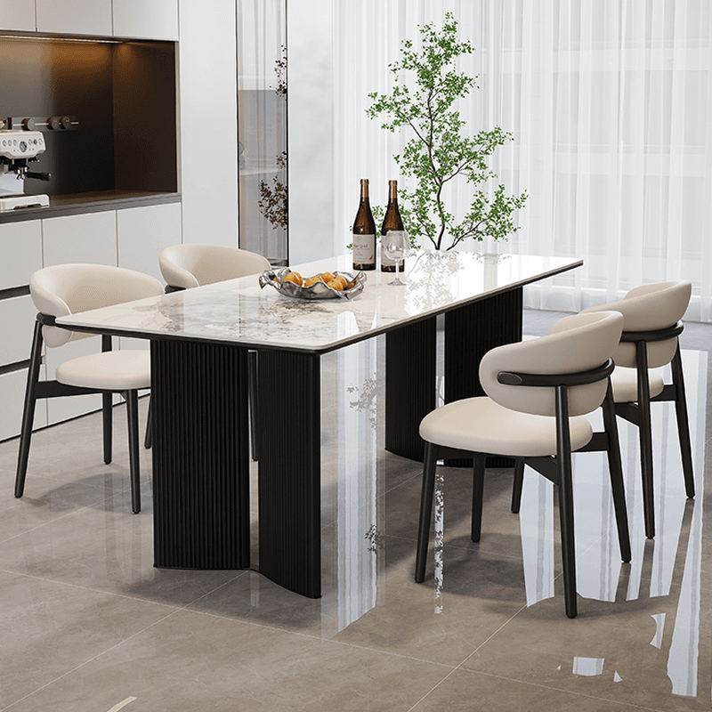 Dining Table Set with Rectangular Slate Stone Top and Two-sided Pedestal, Featuring Padded Chair with Back, 5-piece in White - image 3