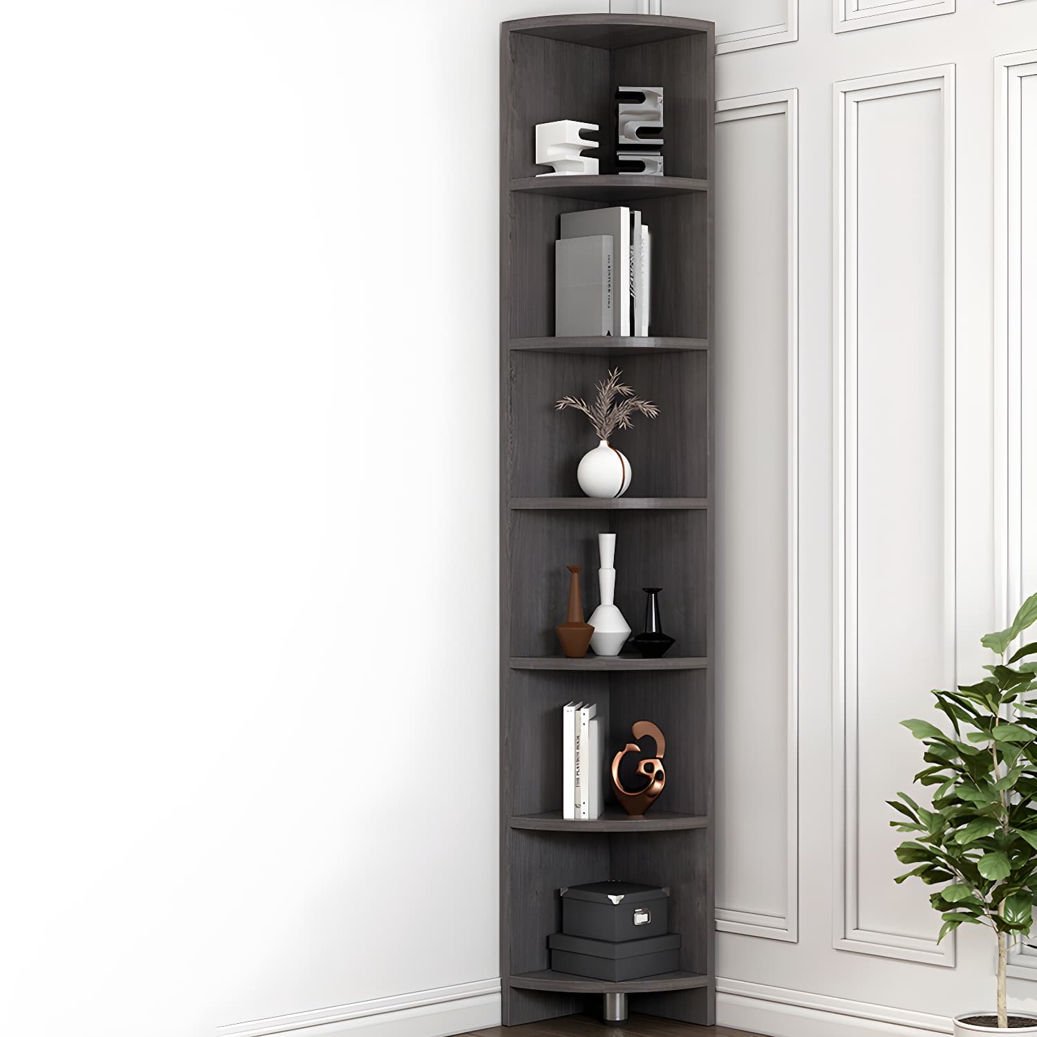 Corner Modern Accent Chest with Wood Counter Top and 6 Open Shelves without Drawers - image 5