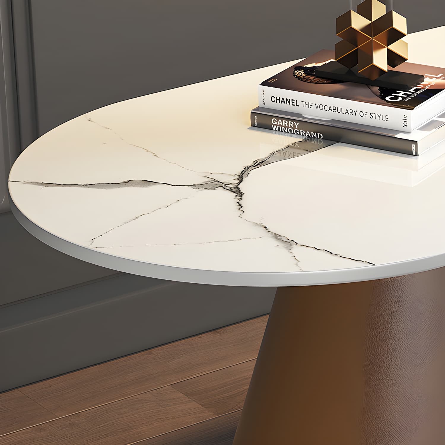 Glam Oval Stone Coffee Table with Pedestal Chrome Base - Scratch Resistant - image 10