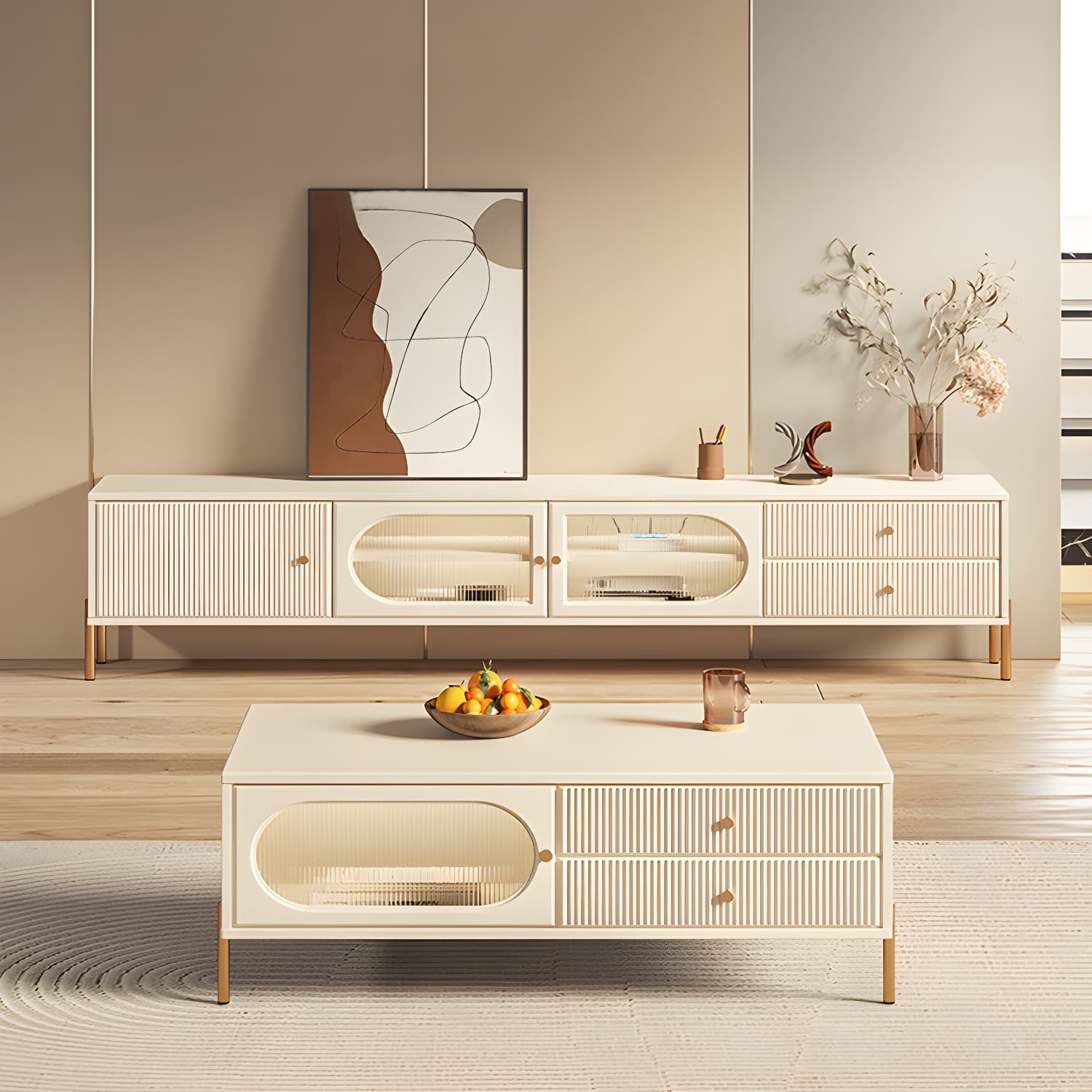 White Cable Management TV Console Modern Engineered Wood Media Console - image 3