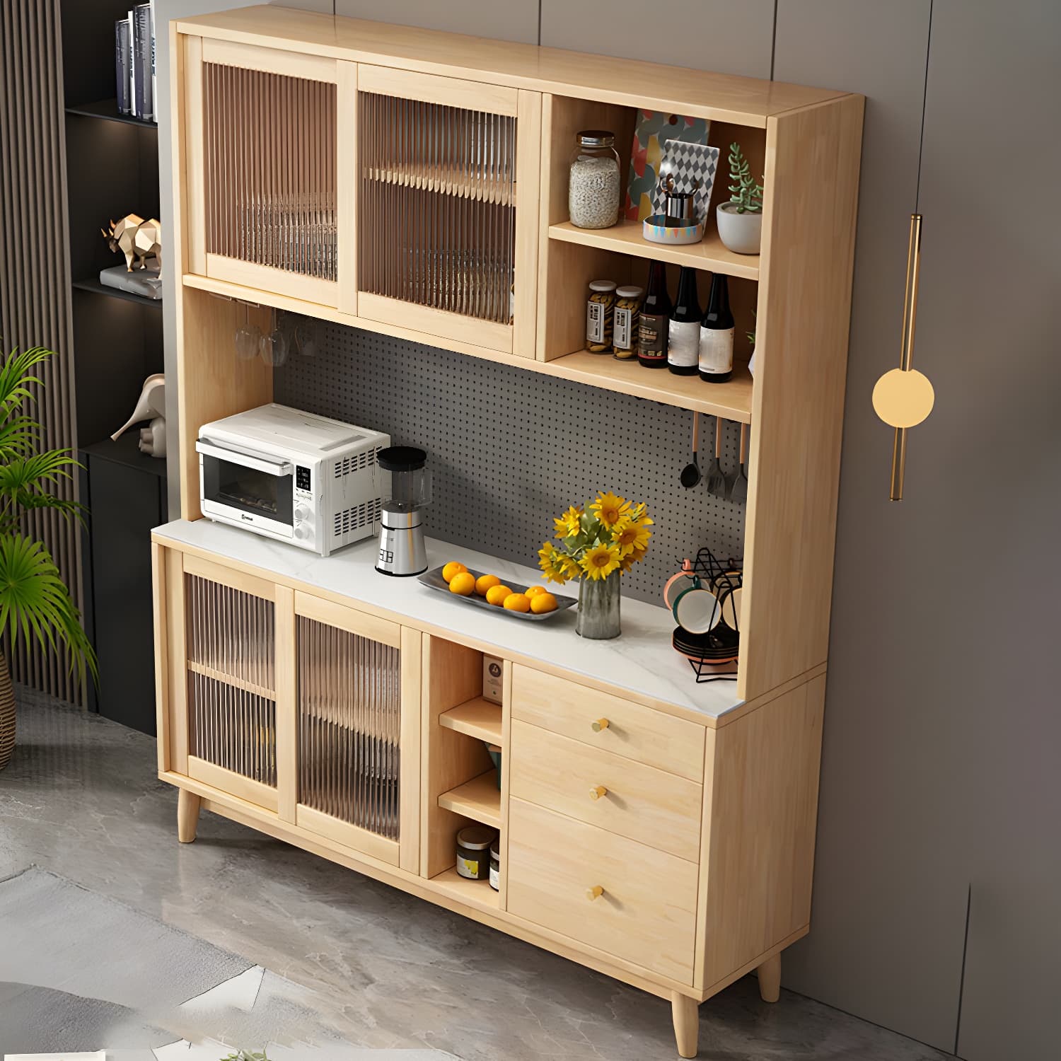 Modern Style Solid Wood Storage Sideboard Cabinet with Glass Doors and Drawers - image 6