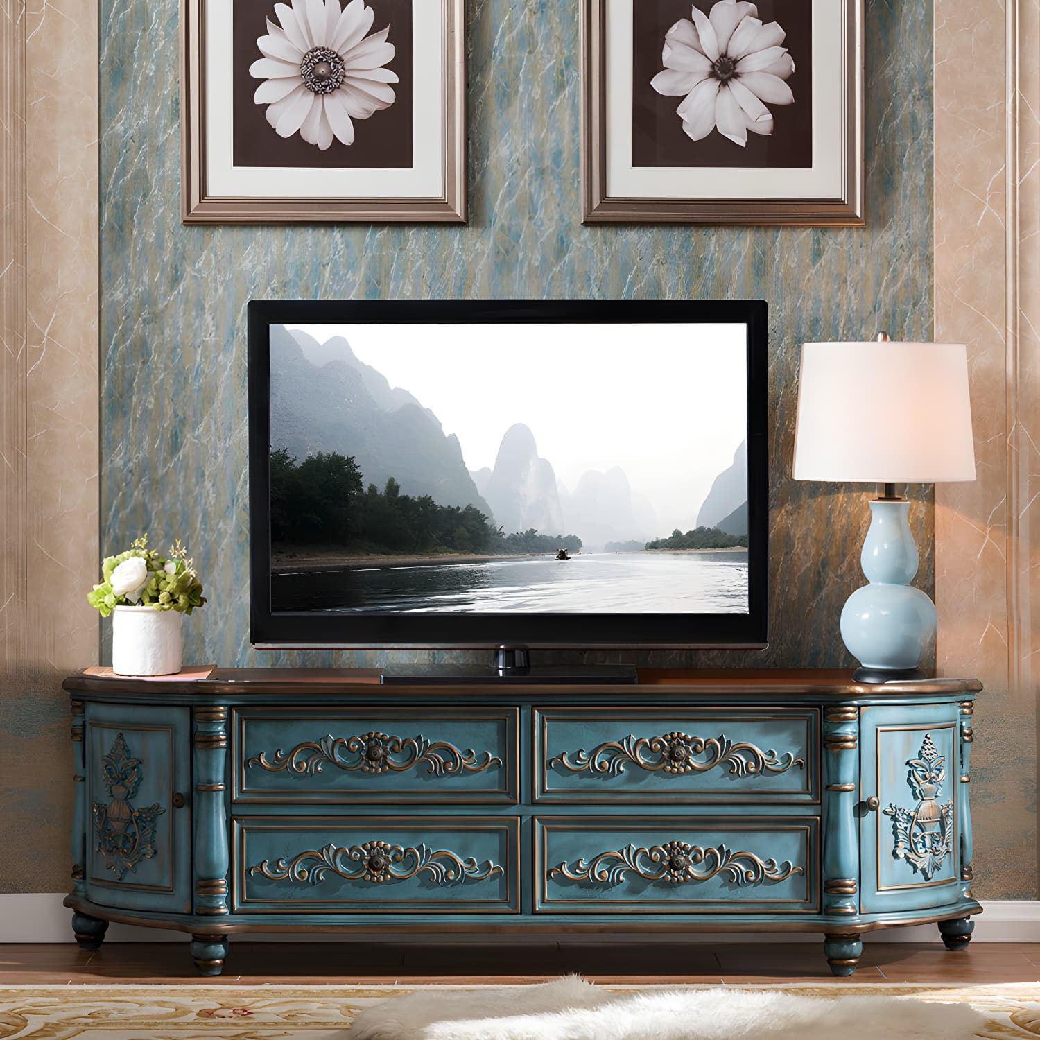 Traditional Birch Wood Media Console Matte Finish TV Media Stand with Drawers - image 13