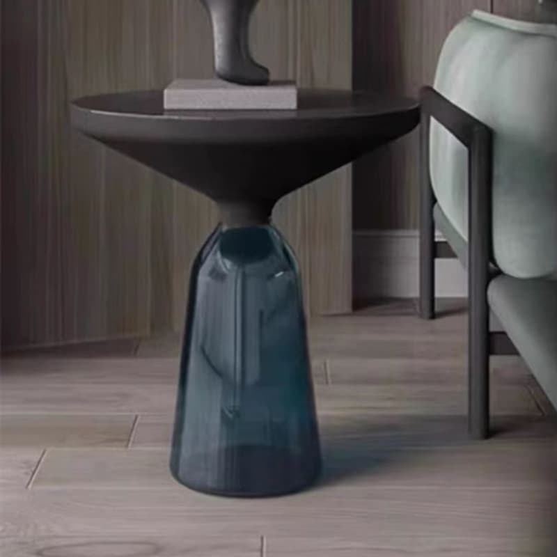 Small Size Modern Round Black Glass Coffee Table - Pedestal Base, Non-Upholstered