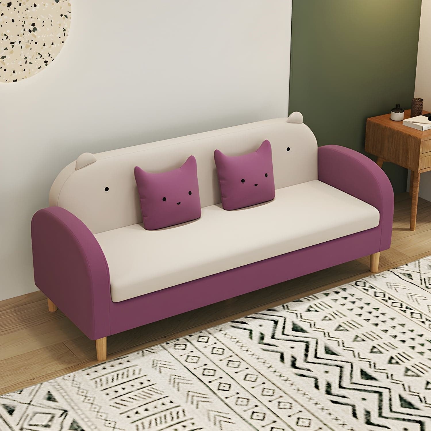 Art Deco Natural Wood Finish Framed Sofa Couch with Recessed Arm, Slipcover and 2 Pillows - image 20