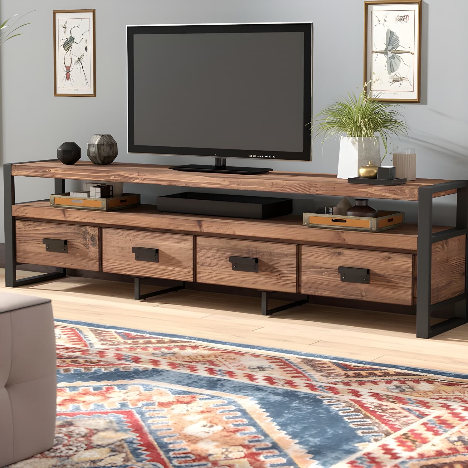 Industrial Wood TV Stand Console Open Storage TV Media Stand with Drawers for Living Room