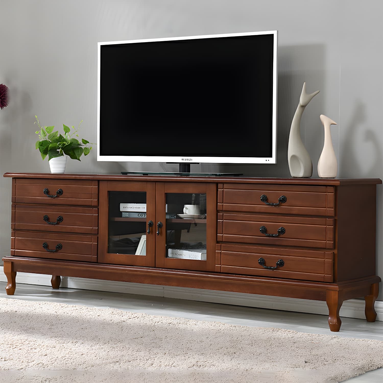 Modern 6-Drawer Solid Wood TV Stand with Glass Doors - 23.5" High - image 5