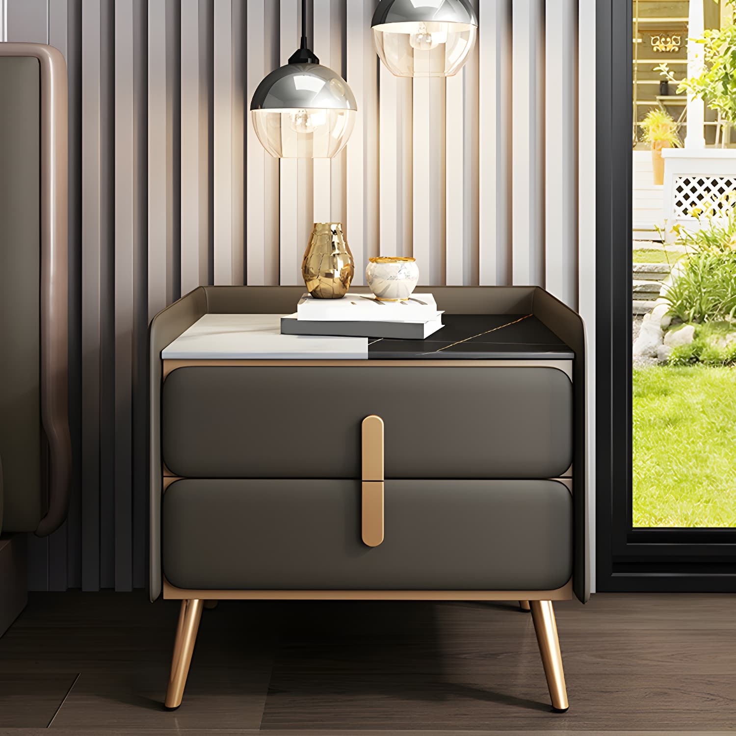 Modern Bedside Cabinet Stone Bed Nightstand with 2 Drawers for Living Room - image 7