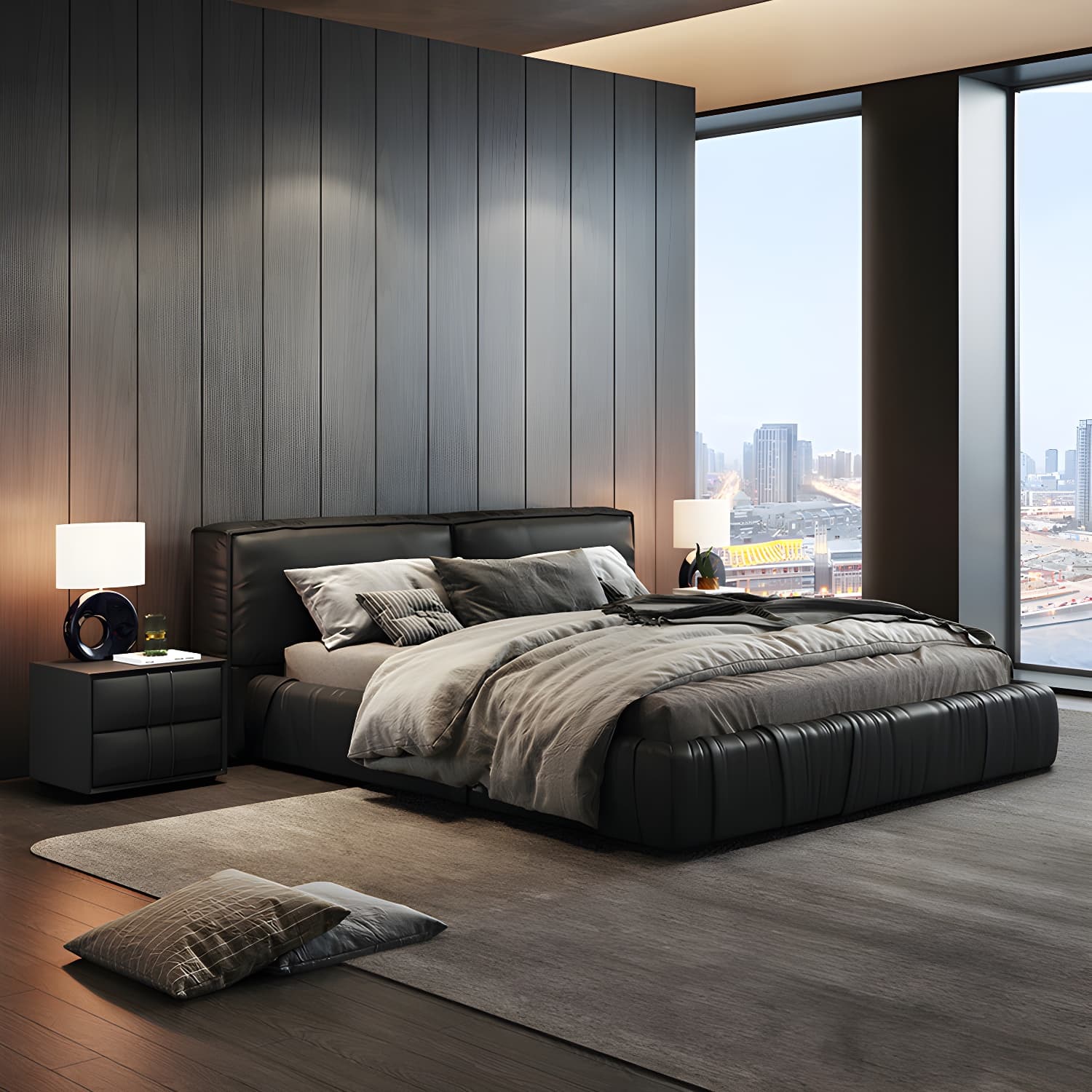 Modern Style Upholstered Solid Wood Headboard Black Leather Bed - image 6