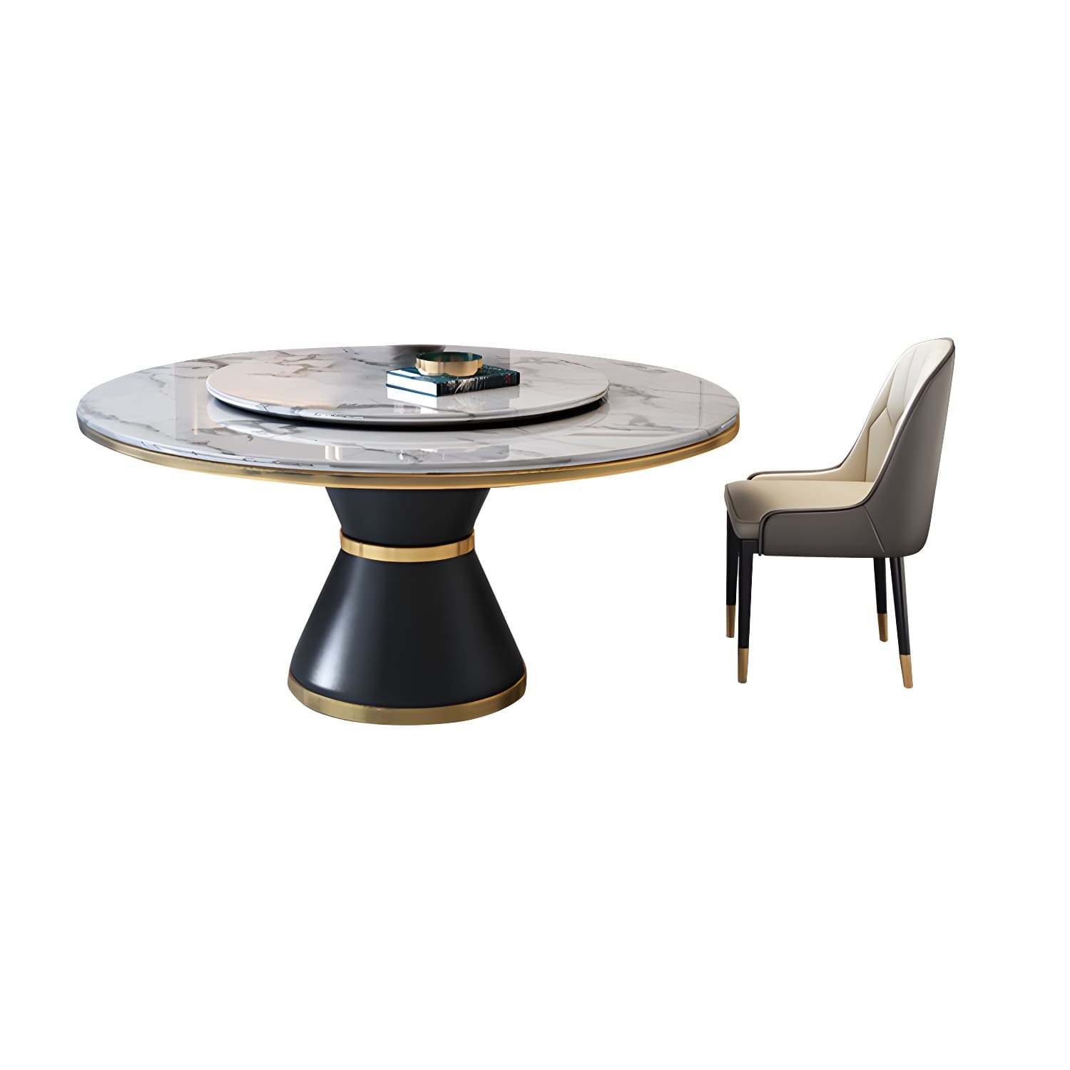 Glam Round Stone Dining Set in White - Fixed Table with Black Metal Pedestal Base - image 6