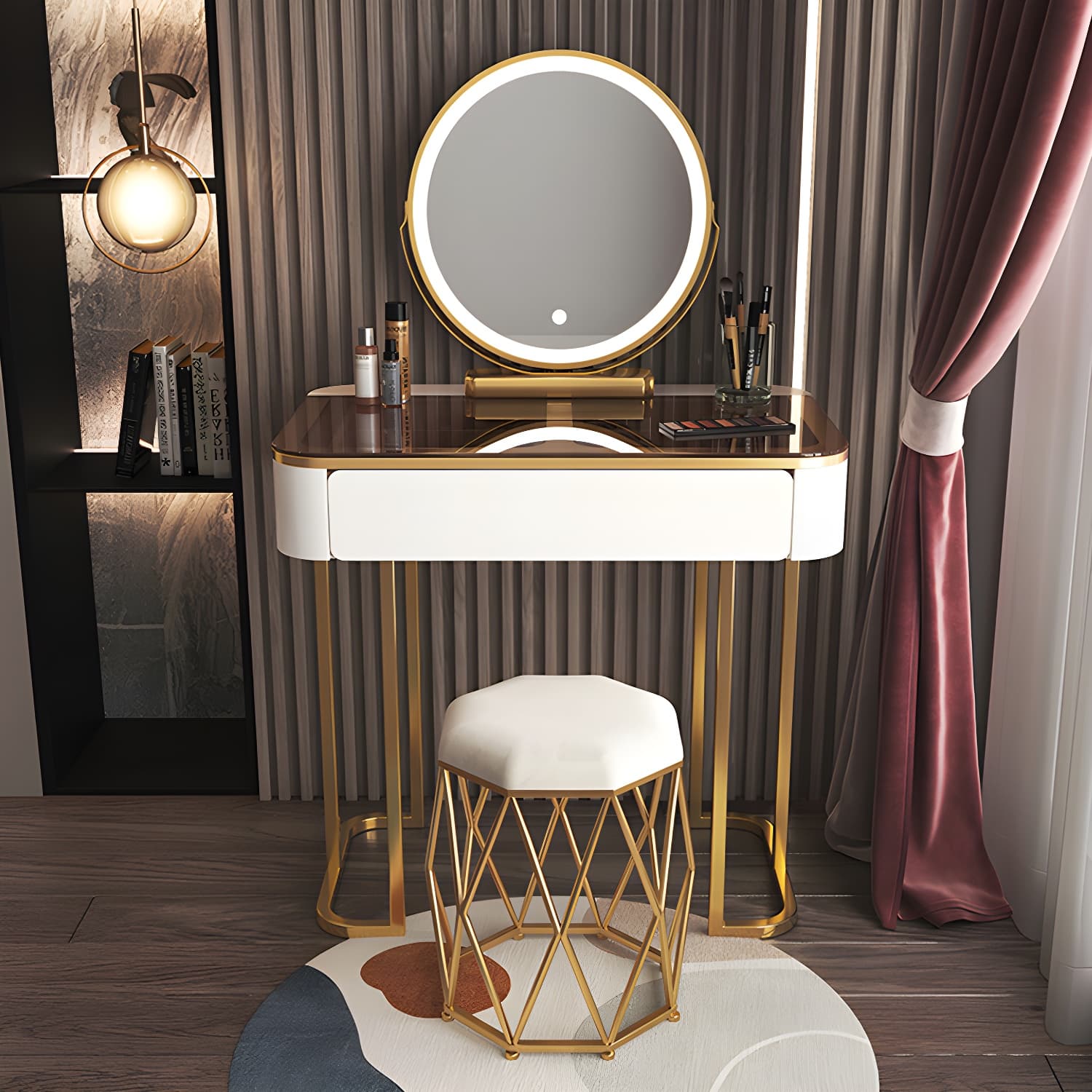Glass Top Make-up Vanity Wood Dressing Table with Storage Drawers - image 12