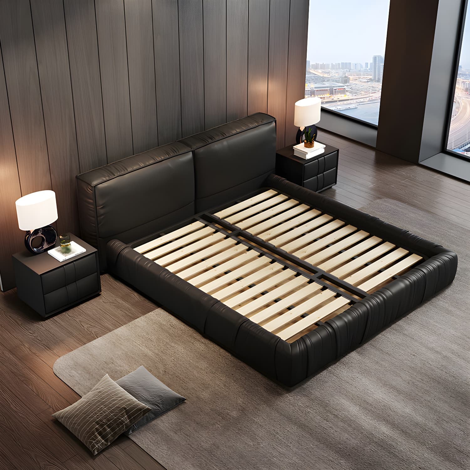 Modern Style Upholstered Solid Wood Headboard Black Leather Bed - image 4