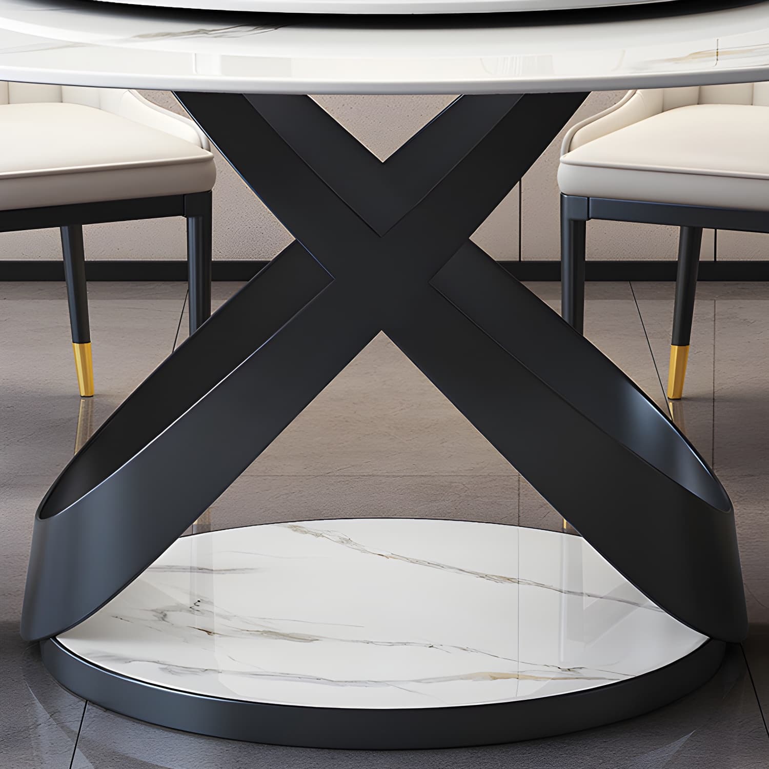 Modern Round Stone Top Lazy Susan Dining Table with Black Steel Pedestal - image 11