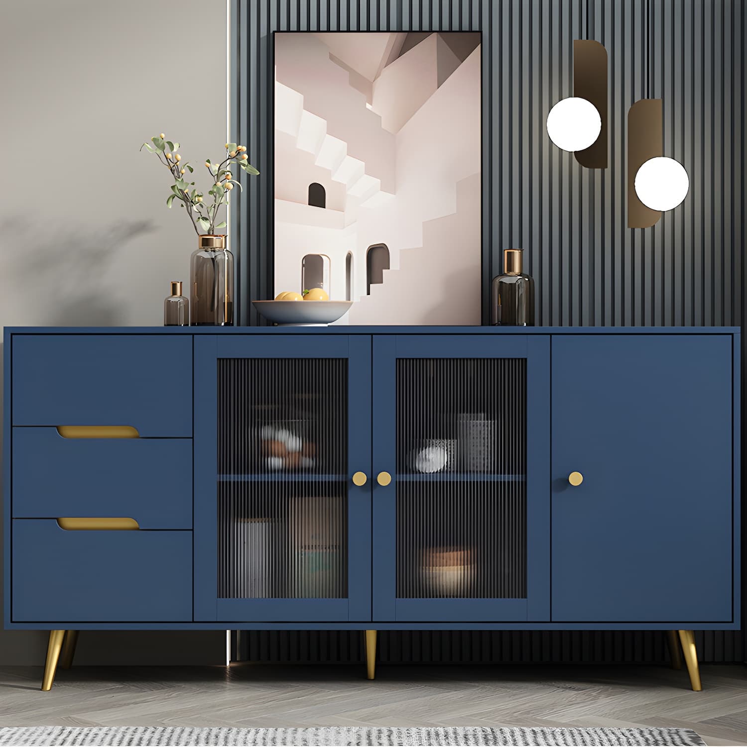 3-Drawer Engineered Wood Sideboard Modern Glass Doors Cabinets Credenza for Living Room - image 15