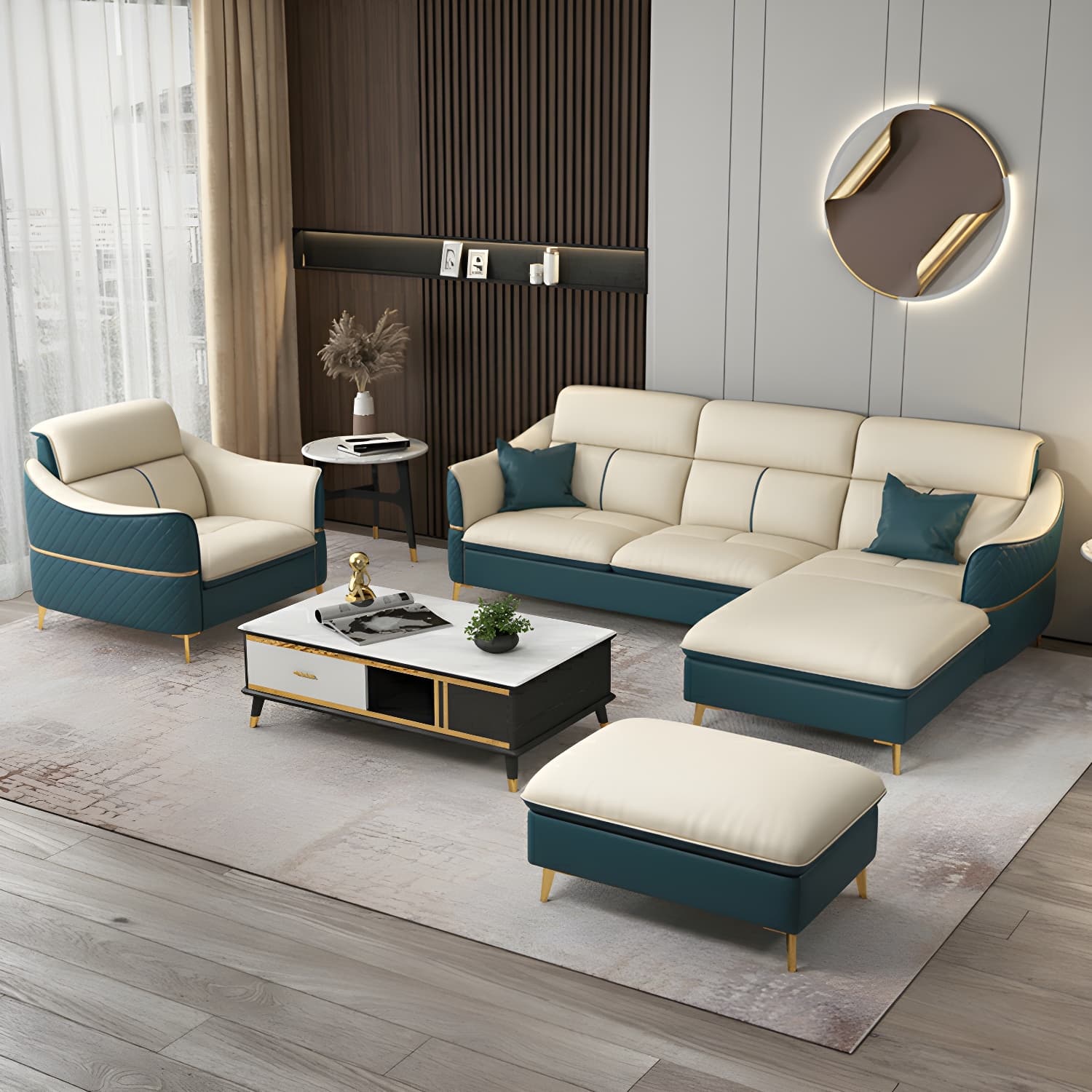 Modern Beige Leather Stationary Sectional Sofa with Cushion Back - image 13