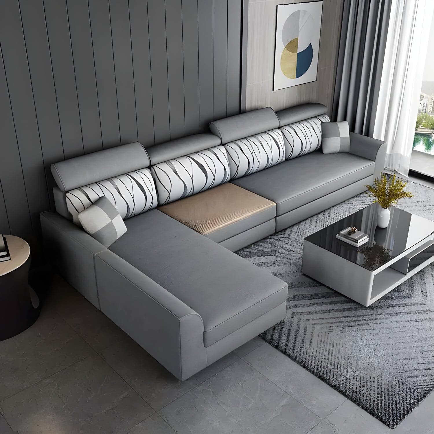 Modern L-Shape Reversible Wood Frame Sectional Sofa Chaise Set