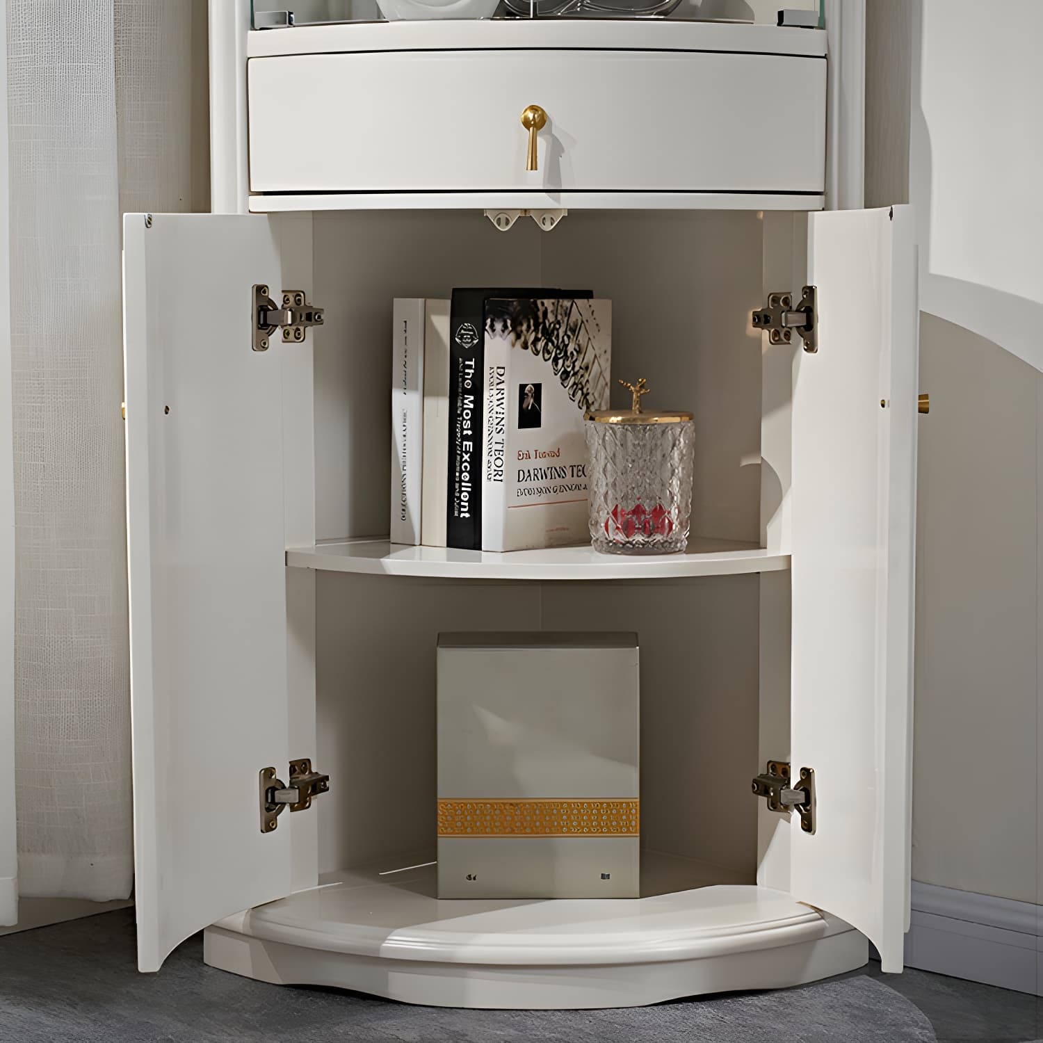 Corner Mid-Century Modern Accent Cabinet with Wood Countertop, Glass Doors, and Drawers Included - image 10