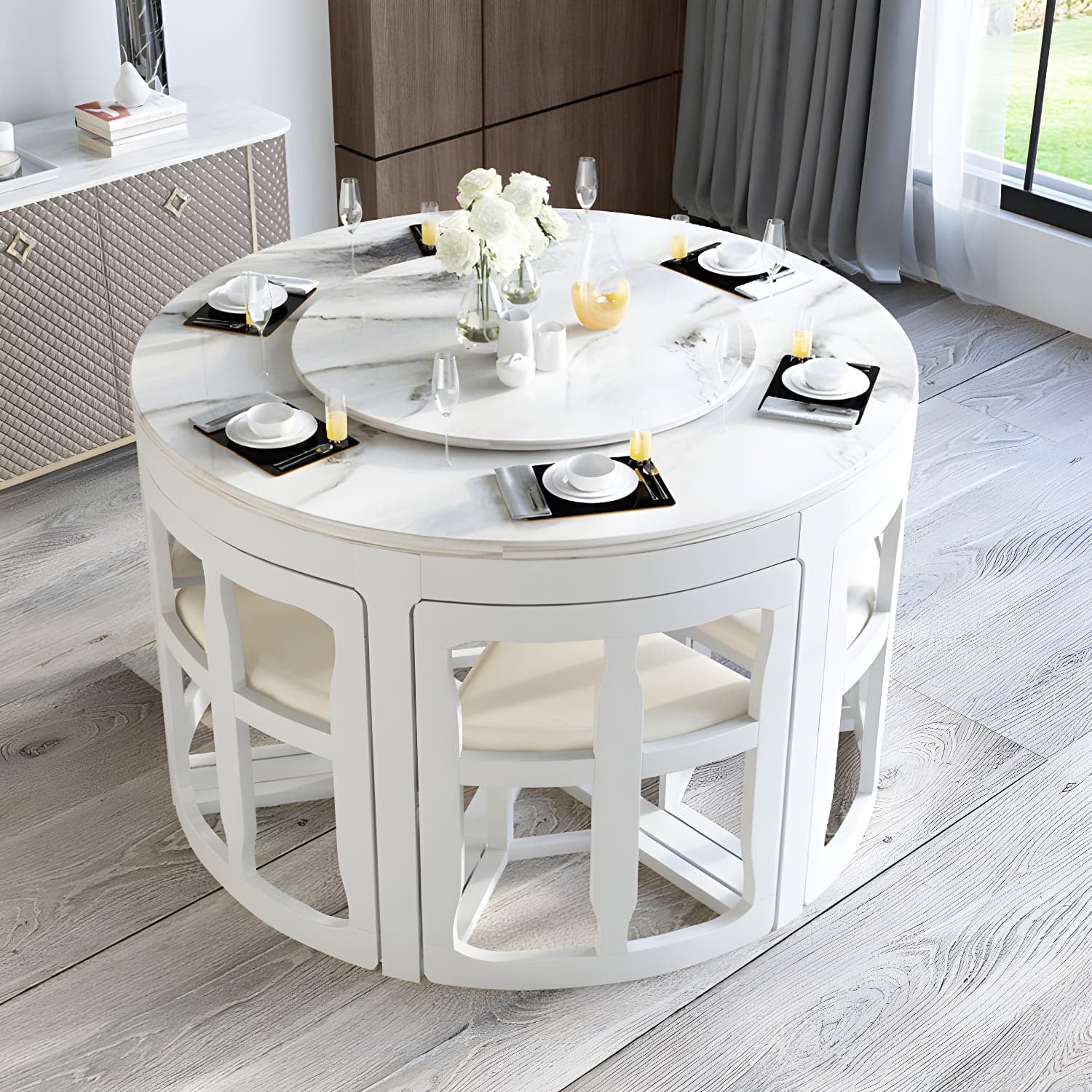 7-Piece Modern Wood Dining Set with Trestle Base and Upholstered Chairs in White - Seats 6 - image 4