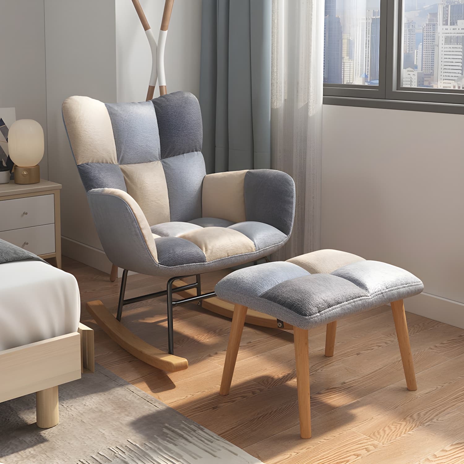 Modern Rocker Chair Upholstered Dark Legs Glider Button-Tufted - image 21