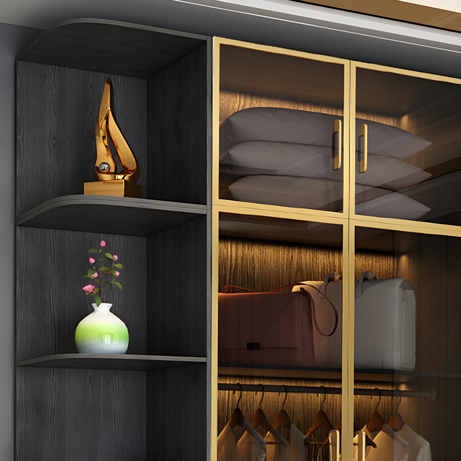 Modern Tempered Glass Doors Wardrobe Wood Frame Wardrobe without Light - image 8