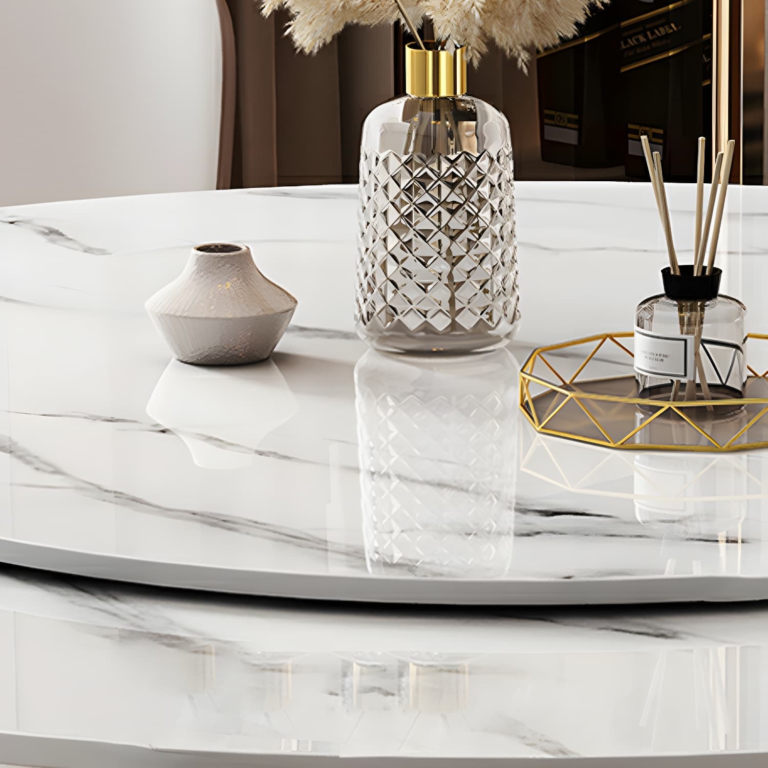 Round Glam Dining Set with White Slate Table Top and Gold Metal Pedestal Base - 1/7/9 Piece Set