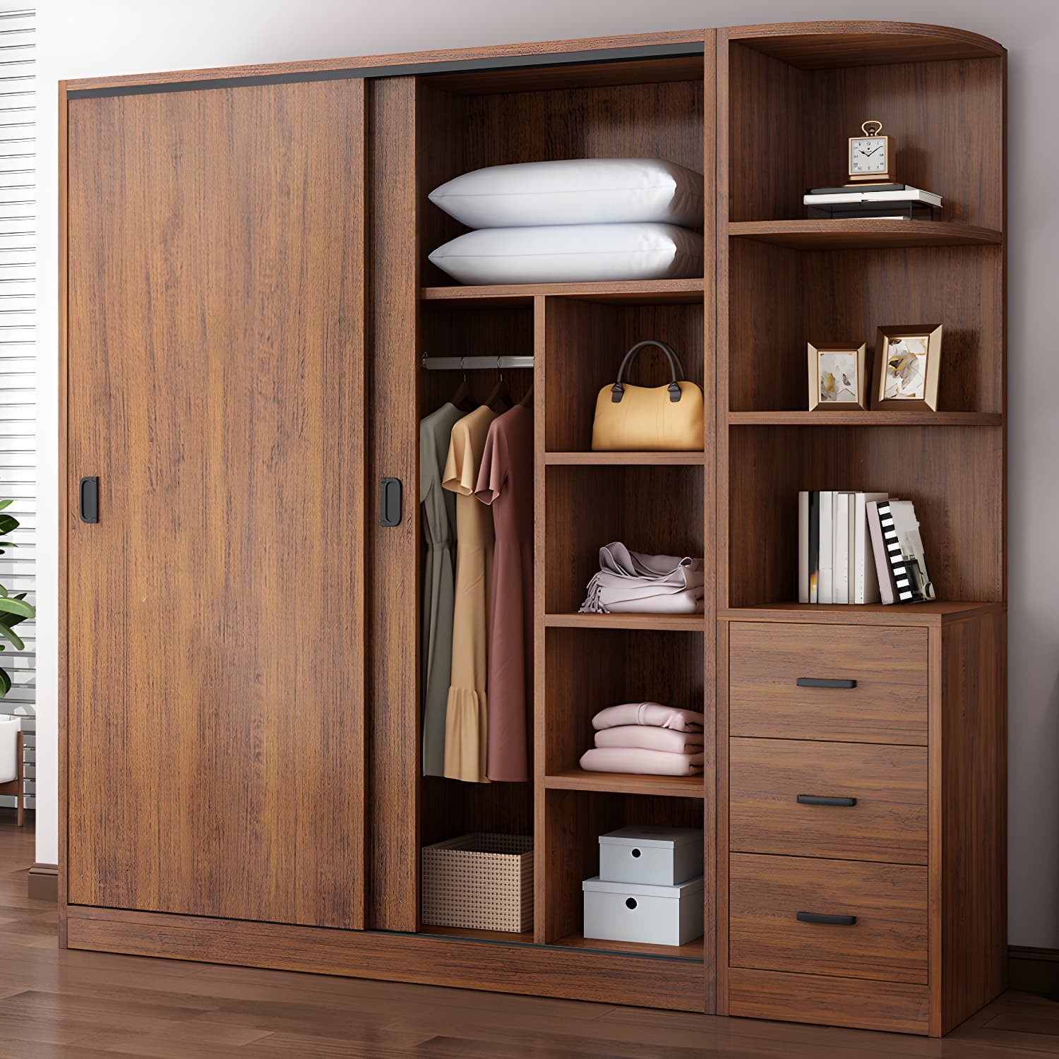 Non-Adjustable Traditional Brown Wood Wardrobe Armoire with Sliding Doors and Soft Close Drawers - image 4