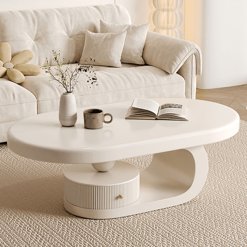 Minimalist Oval Wooden Coffee Table with 1 Shelf and White Top