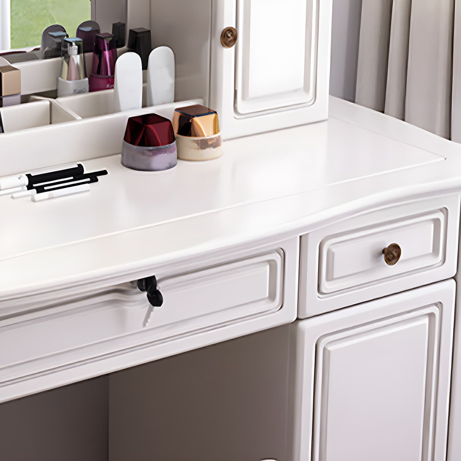 Traditional Solid Wood Makeup Dressing Table 60.23" H Vanity Set with Stool and Mirror - image 14