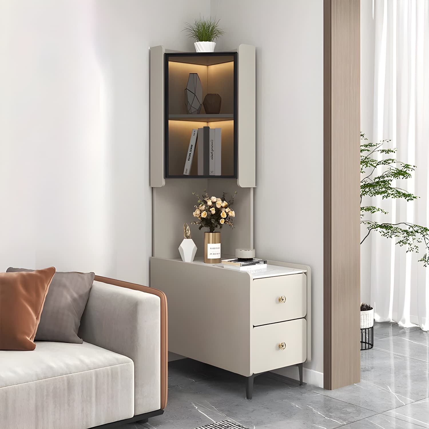 Elegant Corner Accent Cabinet with Glass Doors and Black Metal Base - image 5