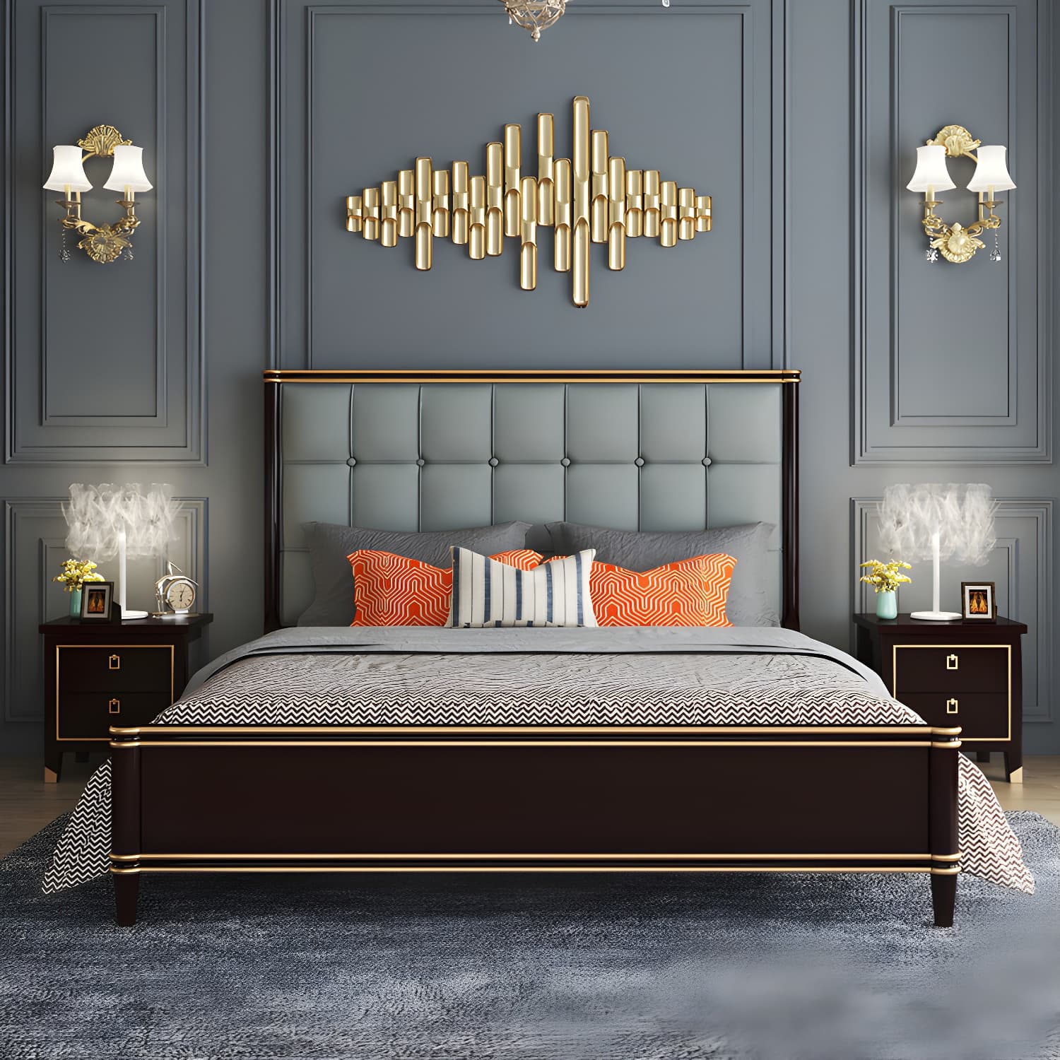 Modern Standard Bed with Tufted Upholstered Headboard and Soild Wood Legs