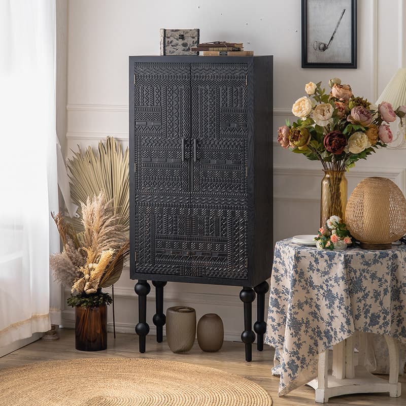 Modern Black Wood Console Cabinet with Cubby Storage and Wood Scoring & Rub Through Detailings - image 3