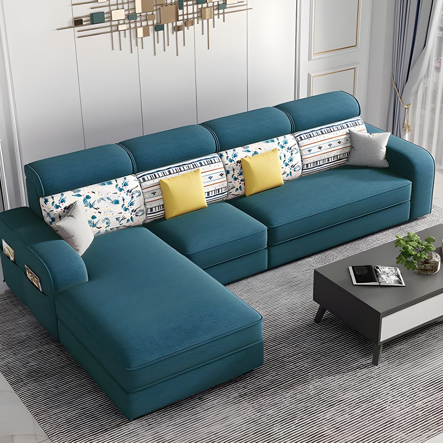 Modern Wood Frame L-Shape Sectional Sofa Chaise with Storage - 3 Piece Set