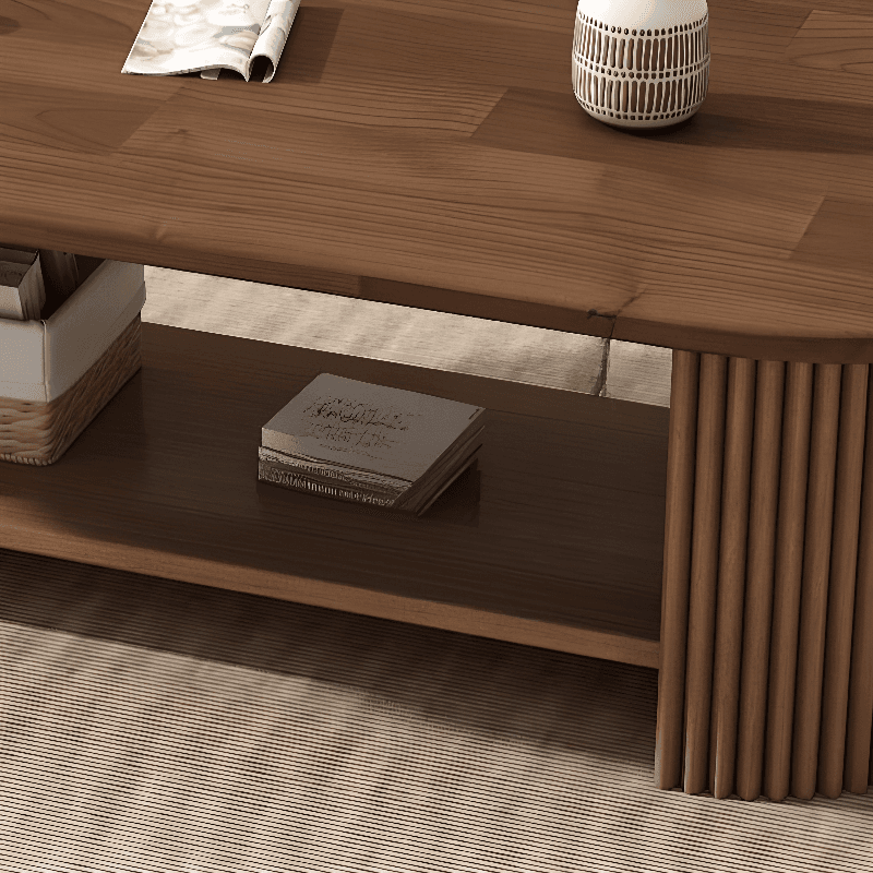 Elegant 2 Tiers Oval Natural Wood Board Game Coffee Table with Twin Support and Repository Storage, 1 Shelf - image 7