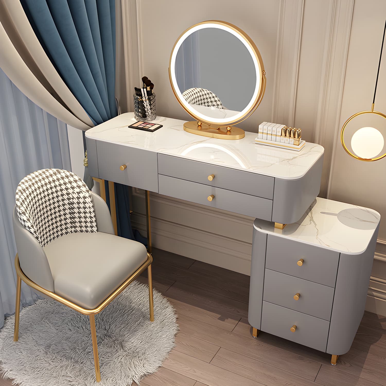 Solid Wood Makeup Vanity Desk Storage Dressing Table Stool Set with Drawer - image 3