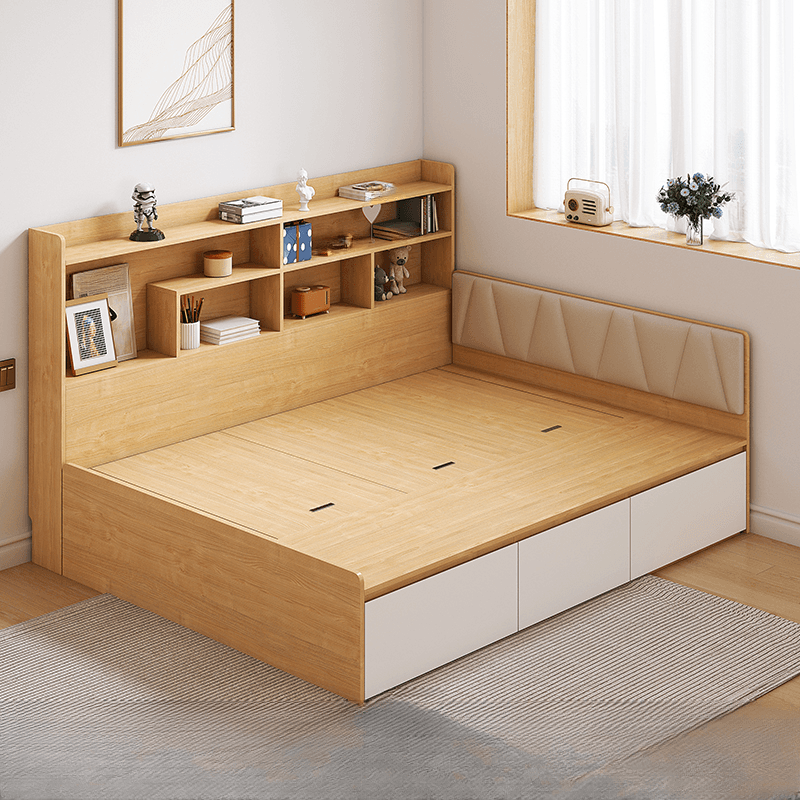 Natural Color Solid Color Bookcase Bed with 3 Storage Boxes for Bedroom