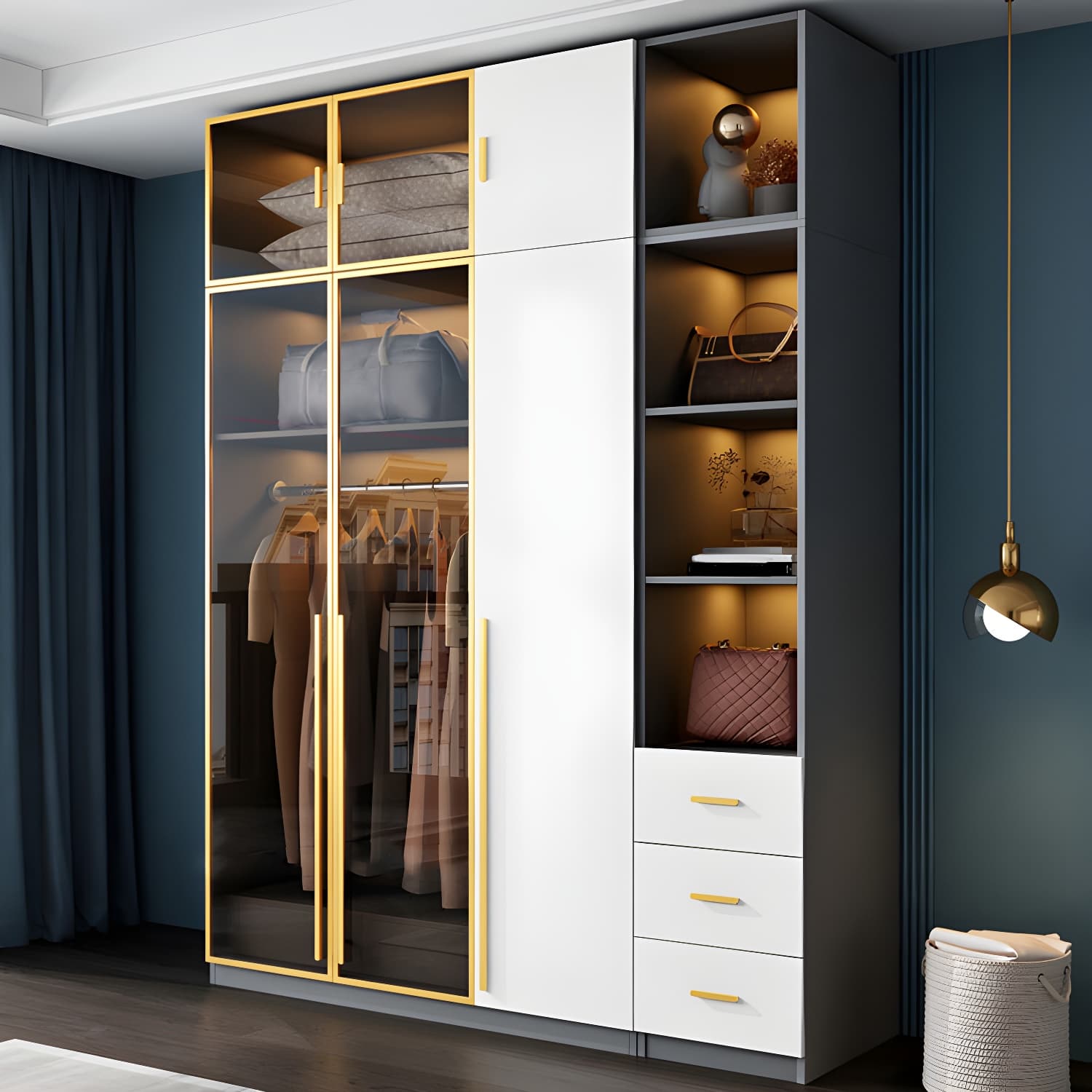Contemporary Color Block Glass Doors Combination Armoire with Shelves Storage - image 12
