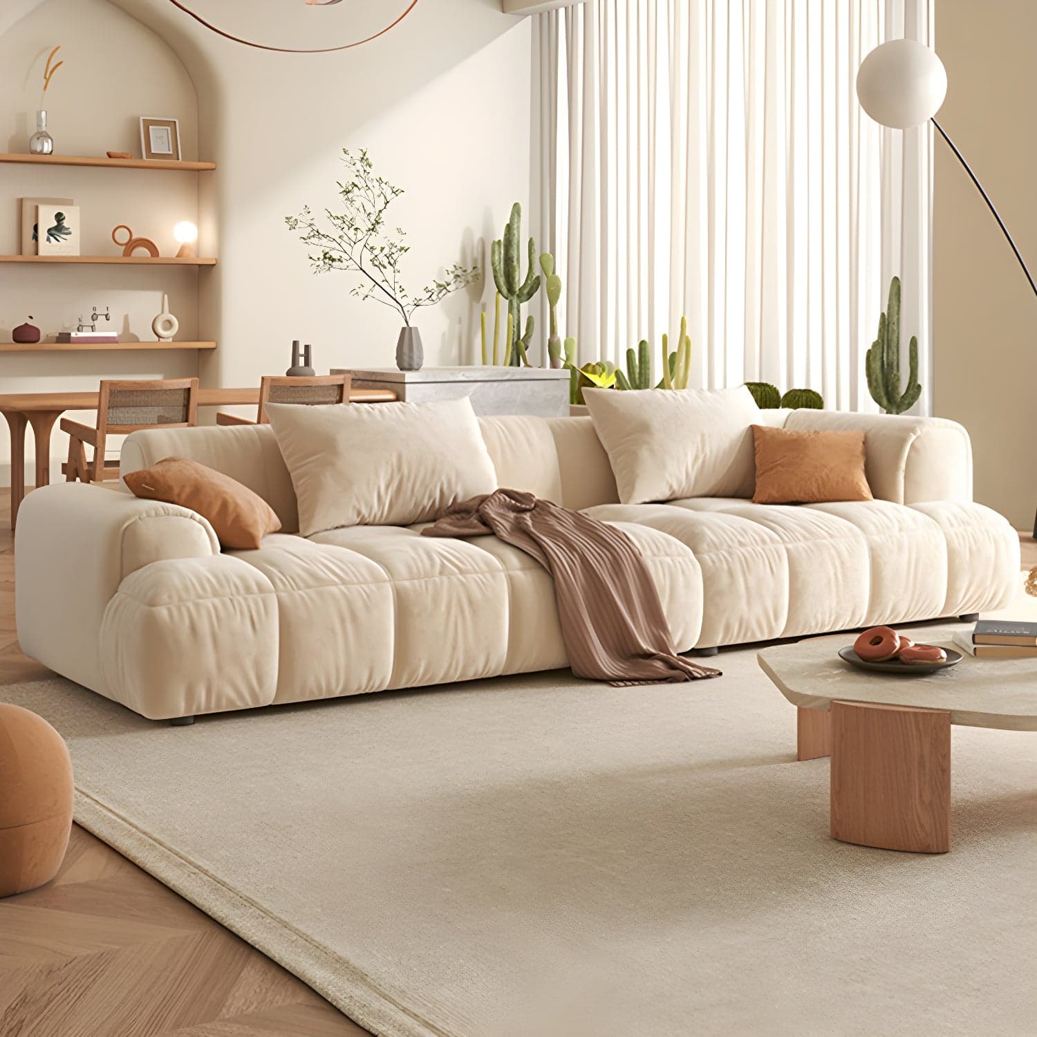 Velvet Round Arm Sectionals 24.8"High Tight Back Sofa with 4 Pillows