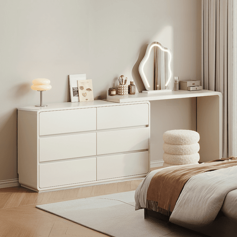 Large Vanity Set with Lumber Table Top, White Seating, 6/3 Drawers, Light Up Mirror, Chair, and Scalable Design