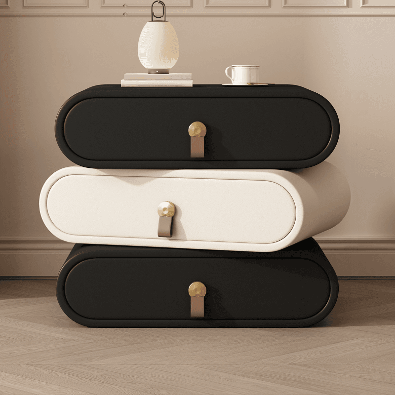 Art Deco Drawer Storage Nightstand with 3 Drawers and Natural Wood/Pleather Countertop