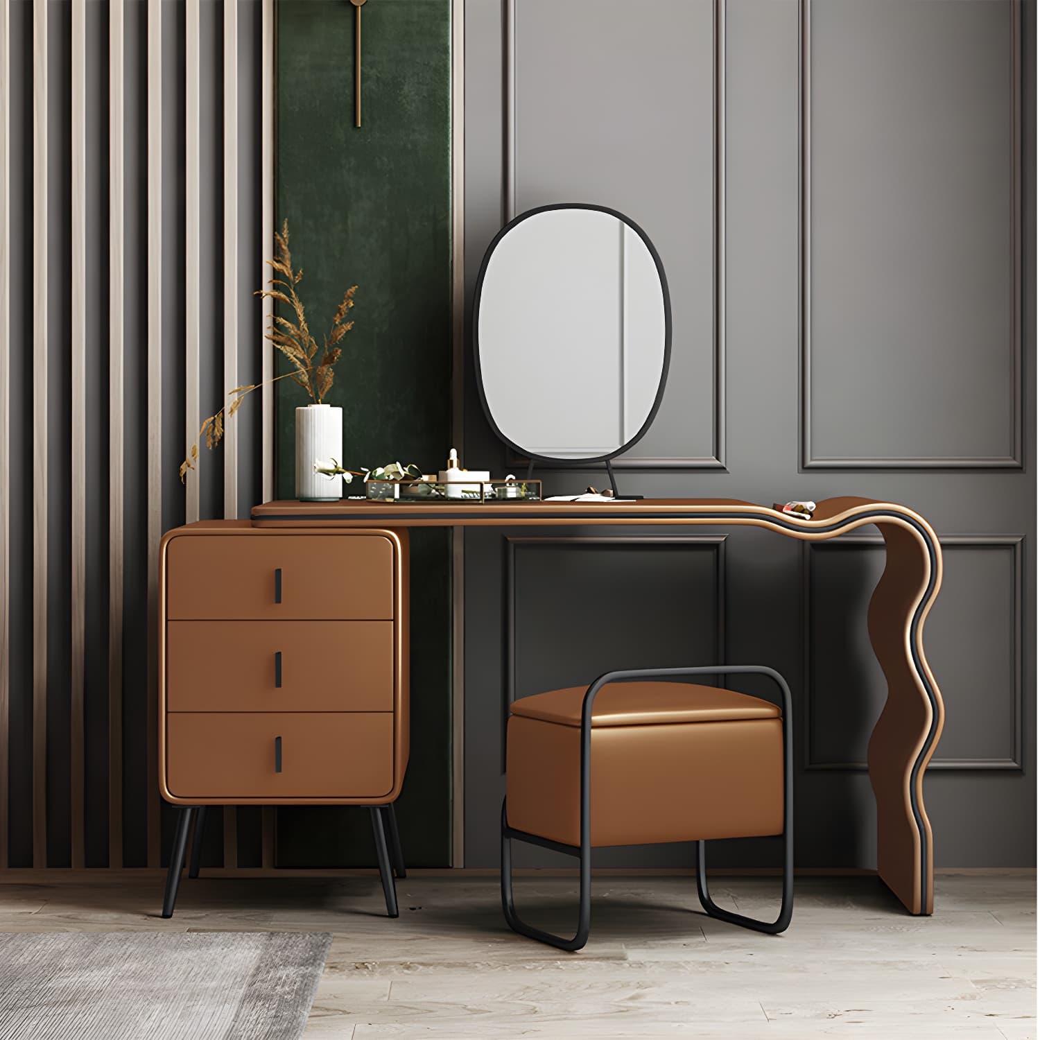 3 Drawers Make-up Vanity Set, 28.74" H Leather Vanity with Stool & Mirror - image 21