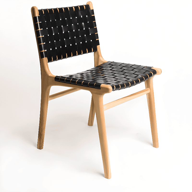 Modish Stable Genuine Leather/Rope/Faux Leather Woven Side Chair with Wood Framed Open Back and Natural Finish/Brown Base