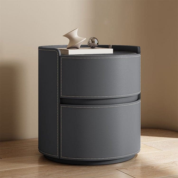 Chic Modern Round Nightstand with Light Wood Tone Faux Leather and Numerate Two Drawer Storage - image 3