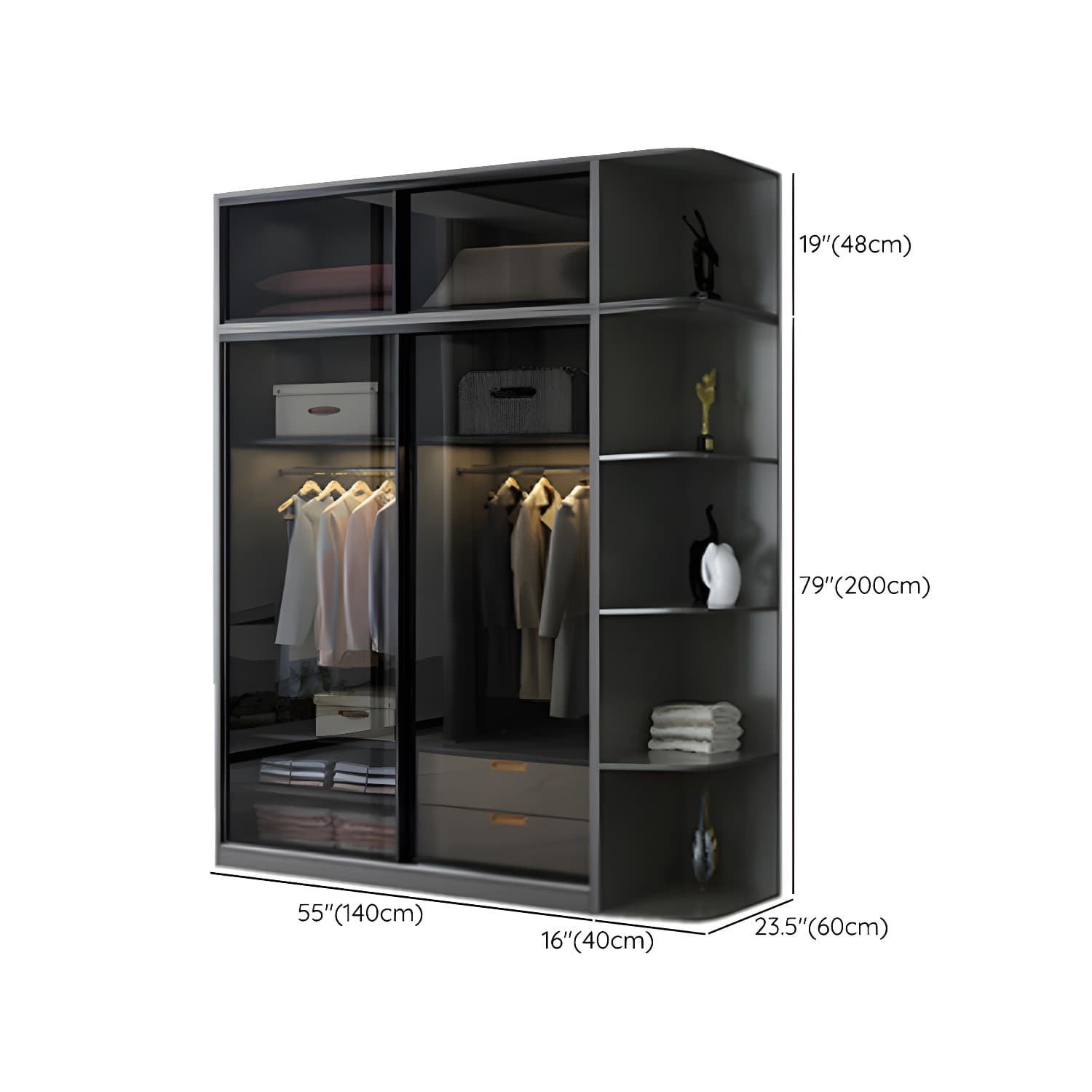 Contemporary Wood and Tempered Glass Wardrobe Freestanding Wardrobe Armoire without Light - image 27
