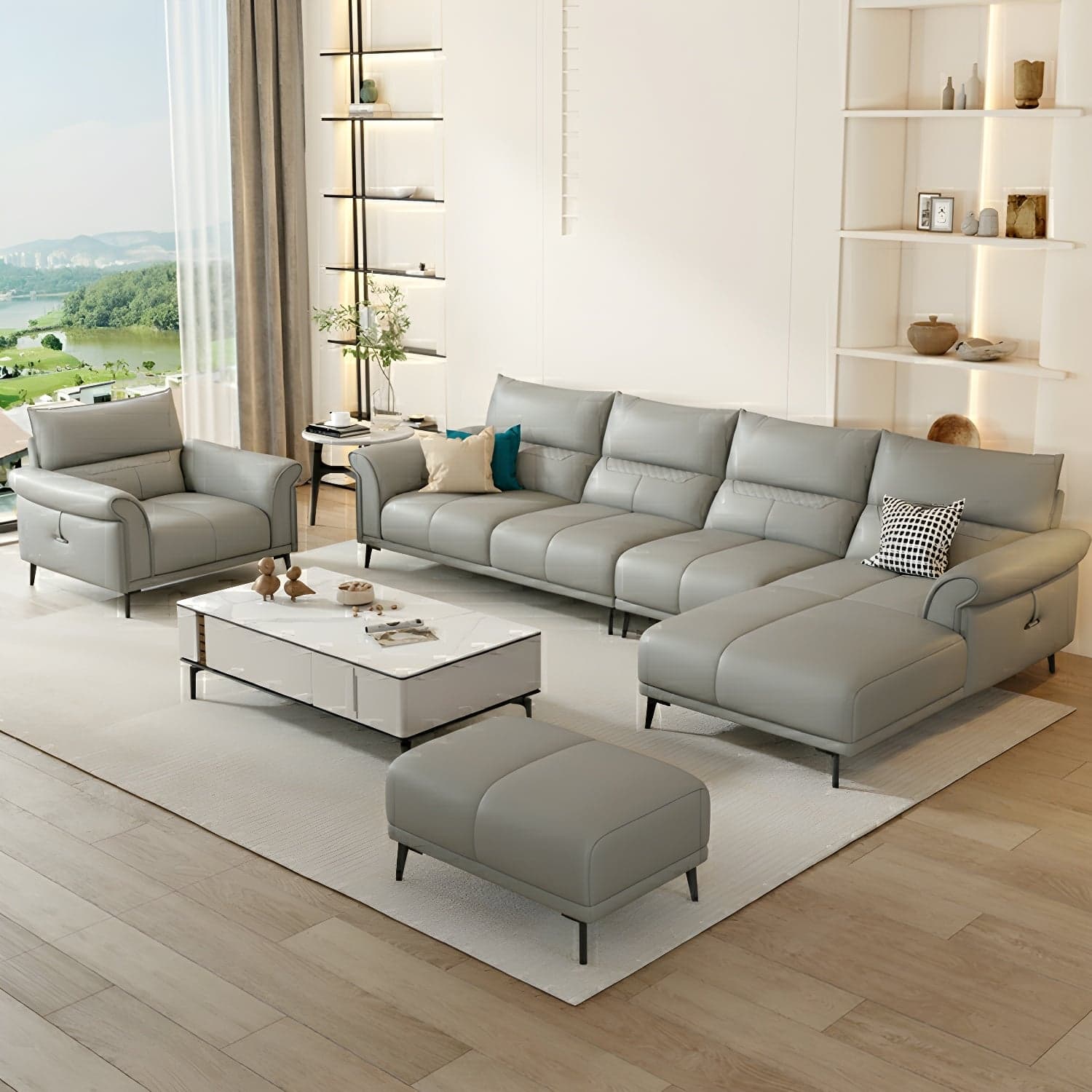Modern Gray Genuine Leather Stationary Sectional Sofa with Flared Arms