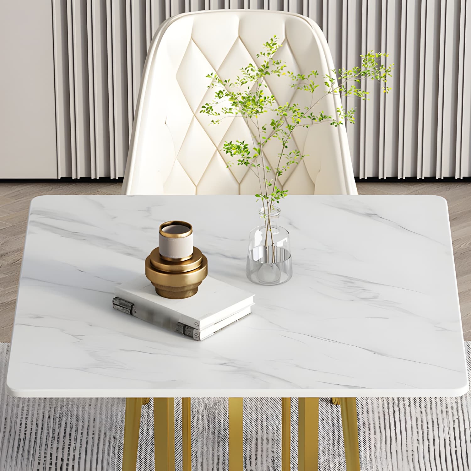 Stone Top Dining Table Contemporary Dining Table with Gold Pedestal Base - image 6