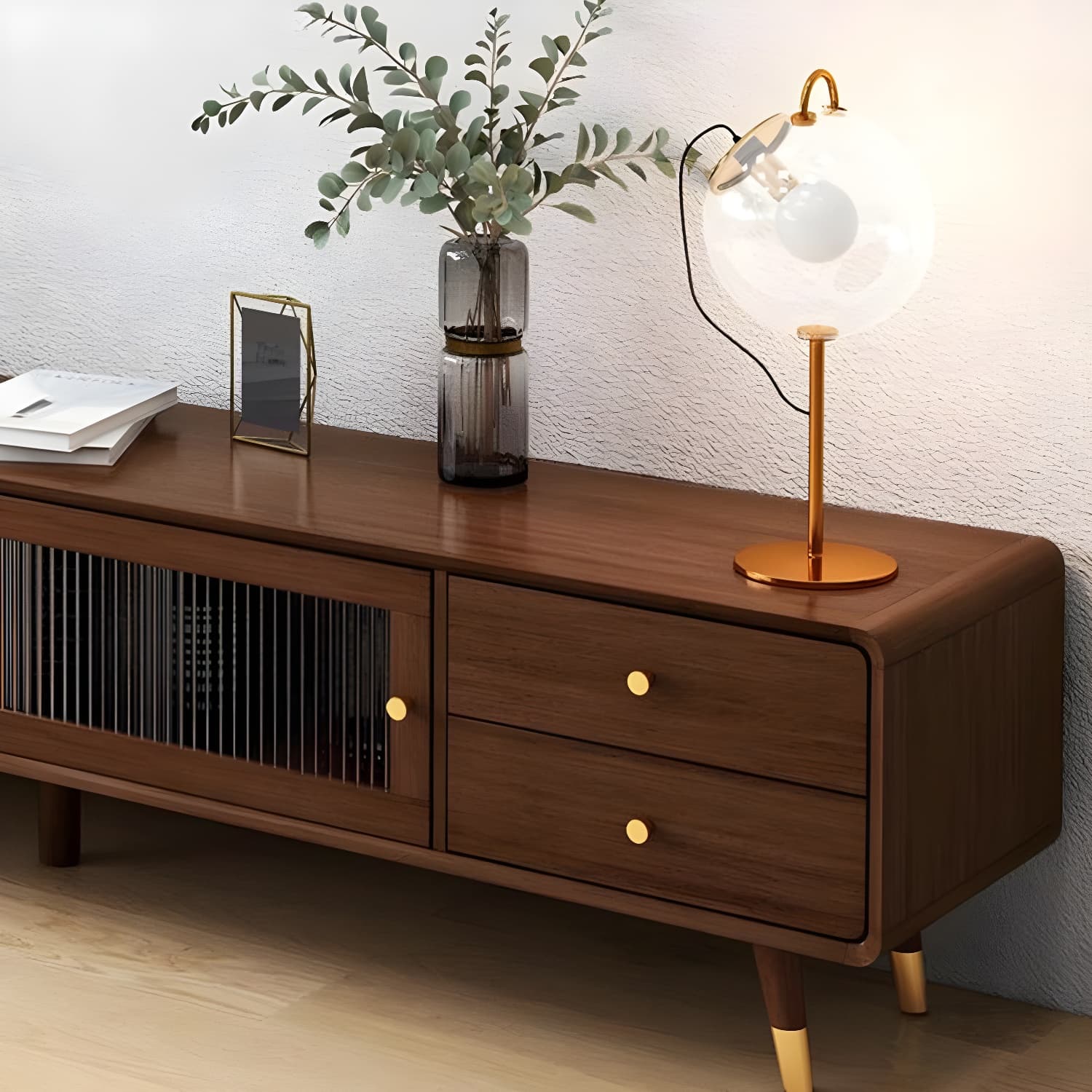 Scandinavian Style Low Height Wood TV Stand With 2 Drawers and Cabinet, Size 15.7'' x 17.7'' - image 9